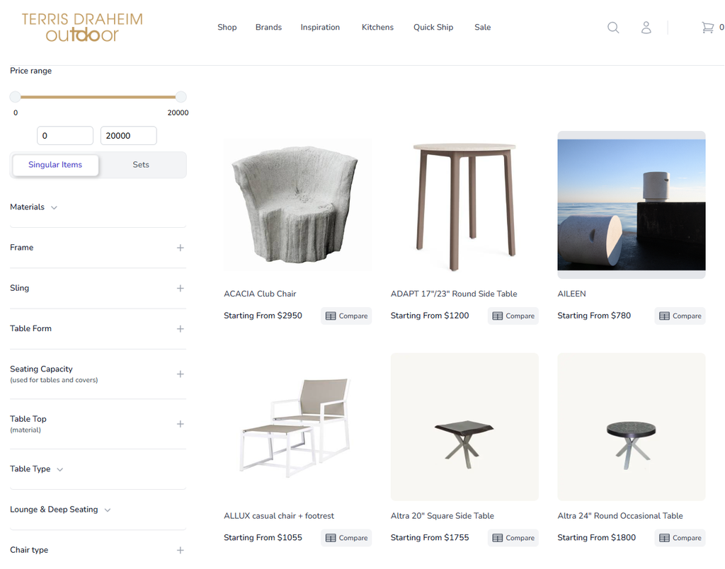 Terris Draheim provides interior designers shopping by materials, frame, sling and other options on their website.